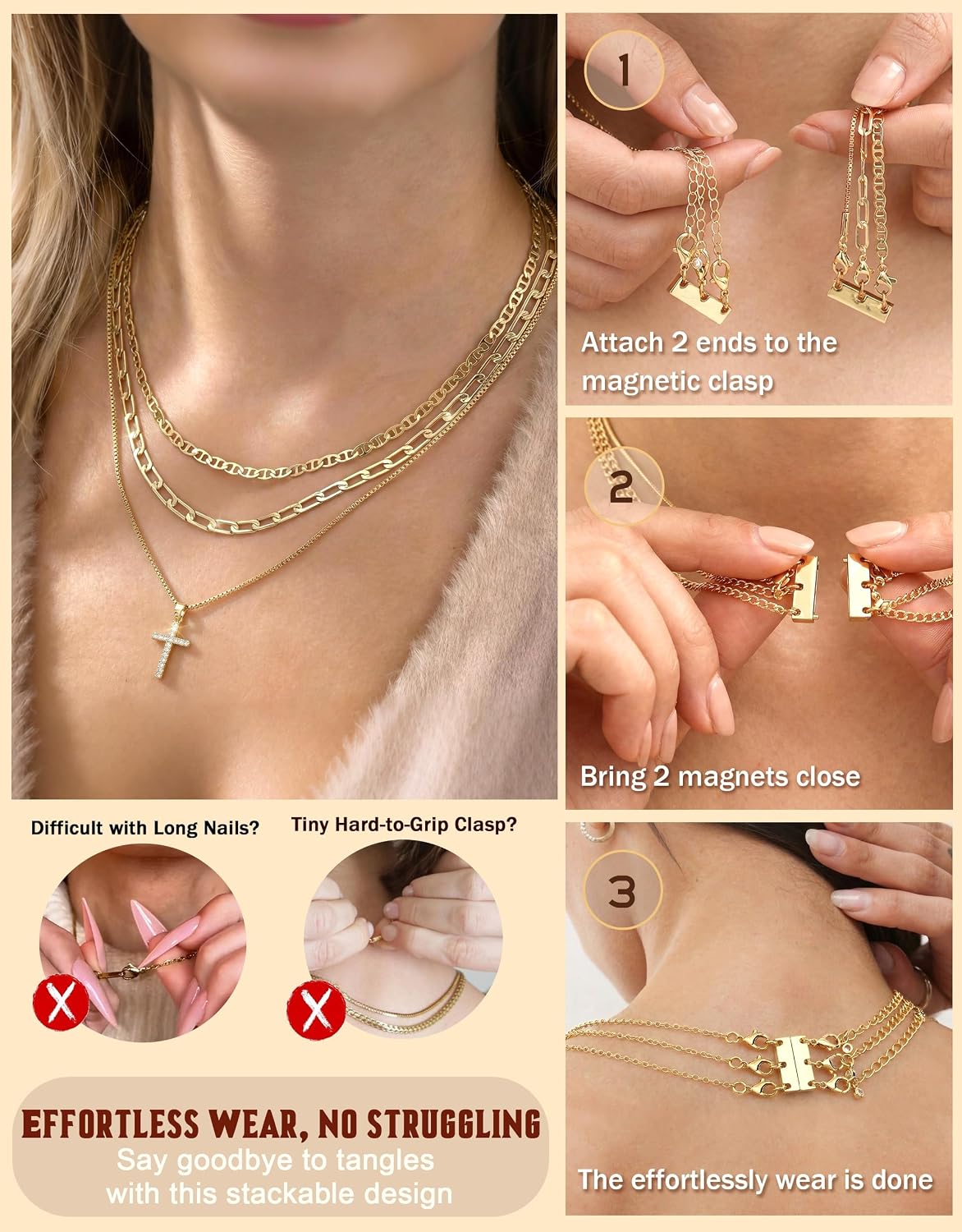 Layered Stackable Cross Necklace – Magnetic Clasp