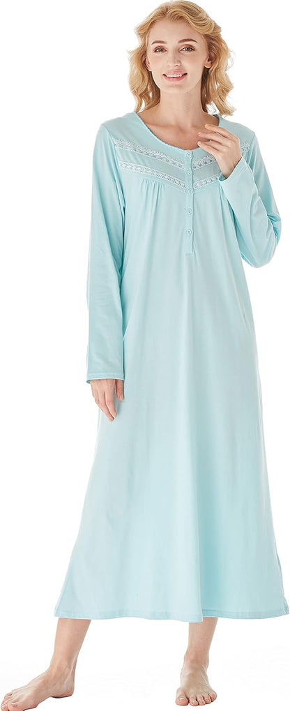Nightgowns for Women, Soft Cotton Comfortable Lightweight Long-Sleeve Ladies Night Dresses