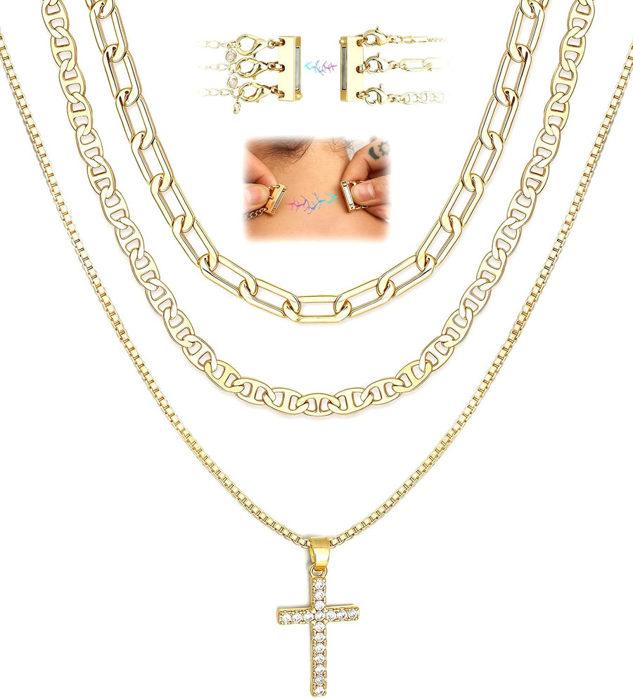 Layered Stackable Cross Necklace – Magnetic Clasp