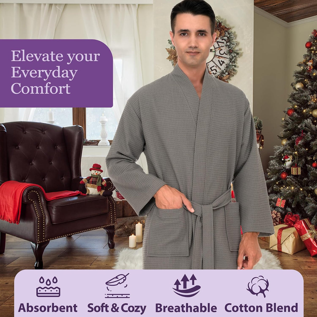 Mens Robe Waffle Spa Bathrobe Soft Shower Bath Robe for Men