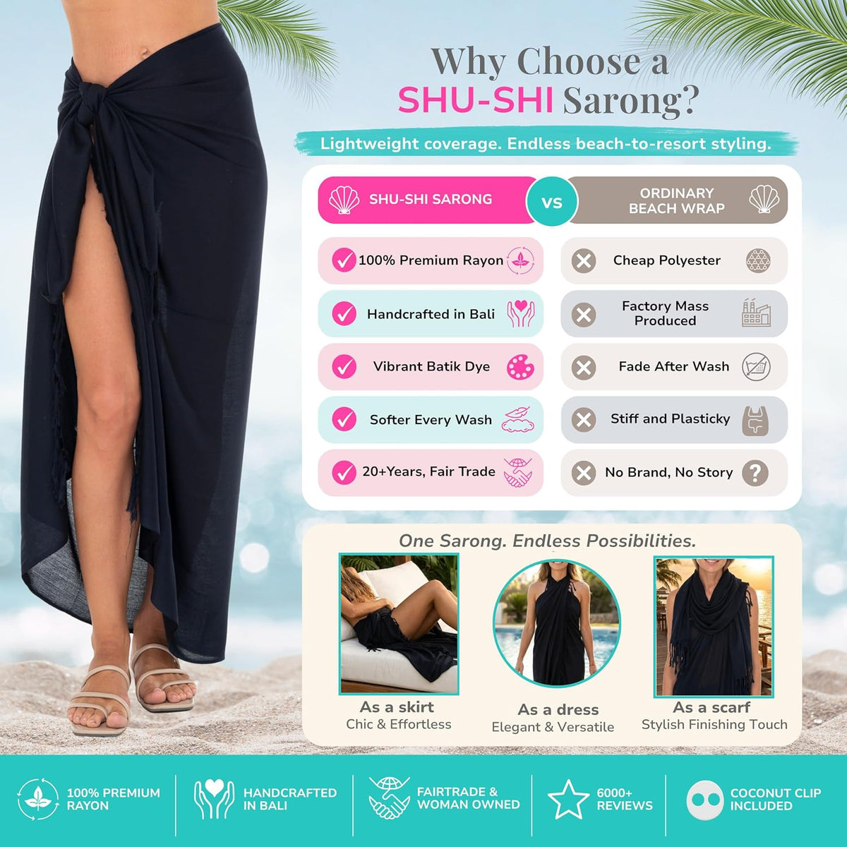 Sarong Wraps for Women Long Beach Pareo with Coconut Clip