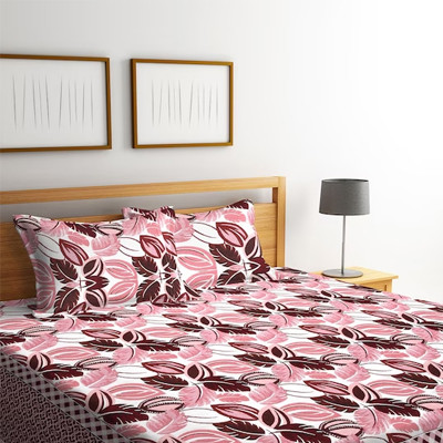 Pink & Maroon Floral Printed Double King Bed Cover & 2 Pillow Covers