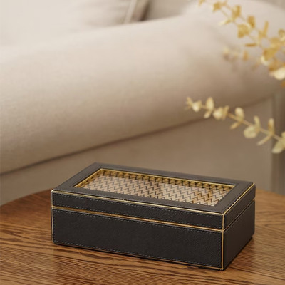 Black & Gold-Toned Faux Leather Metal Lid Box