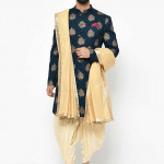 Men Navy Blue & Gold Printed Sherwani with Dhoti Pants