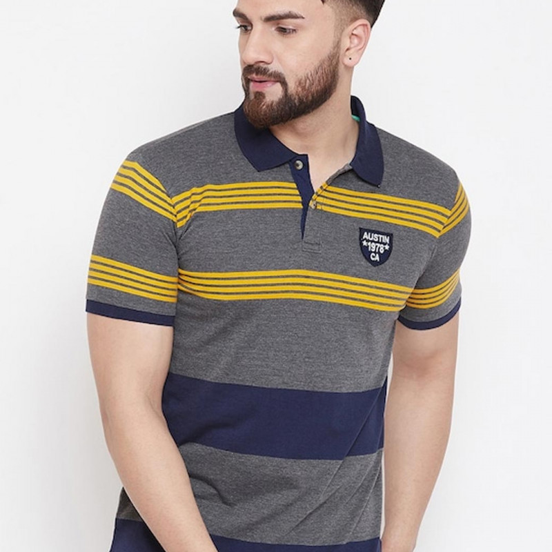 Men Grey Striped Polo Collar T-shirt