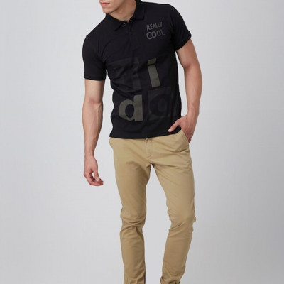 Men Black Printed Polo Collar Slim Fit T-shirt