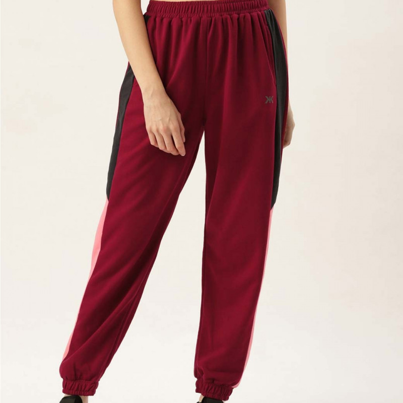 Women Maroon Solid Joggers with Side Striped Detail